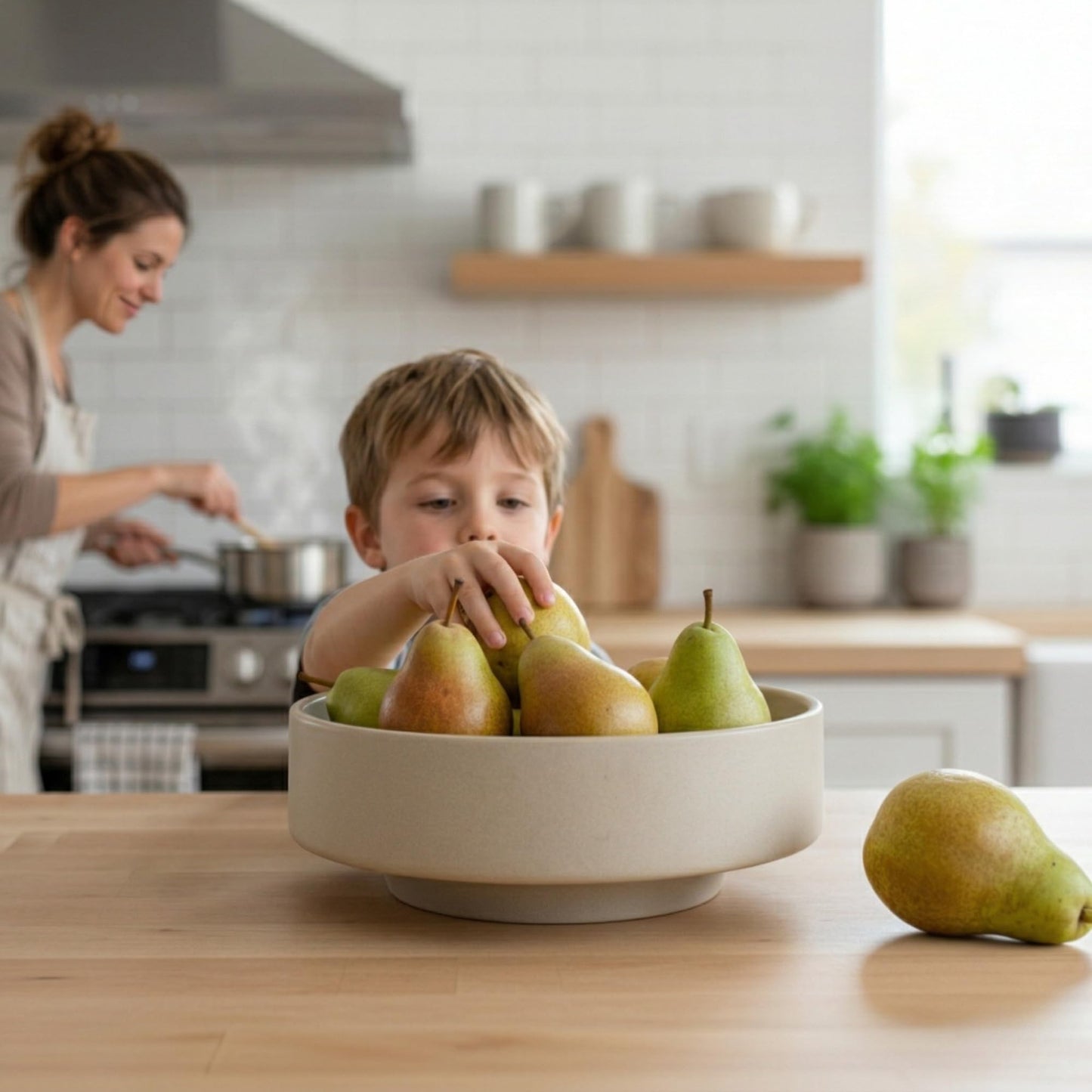 Large Fruit Bowl for Kitchen Counter, Modern Resin Pedestal Centerpiece, Stone-Look Matte Finish in Natural Sandstone, Decorative Bowl for Dining Table, Coffee Table and Entryway, 10.6 inch
