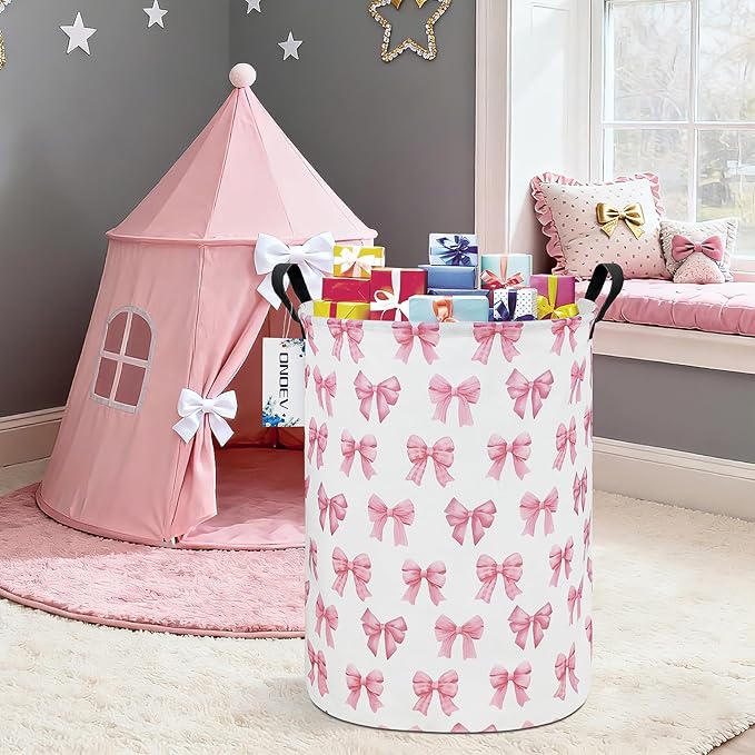 Round Foldable Girls' Storage Basket Kids Laundry Hamper Pink Gift Basket