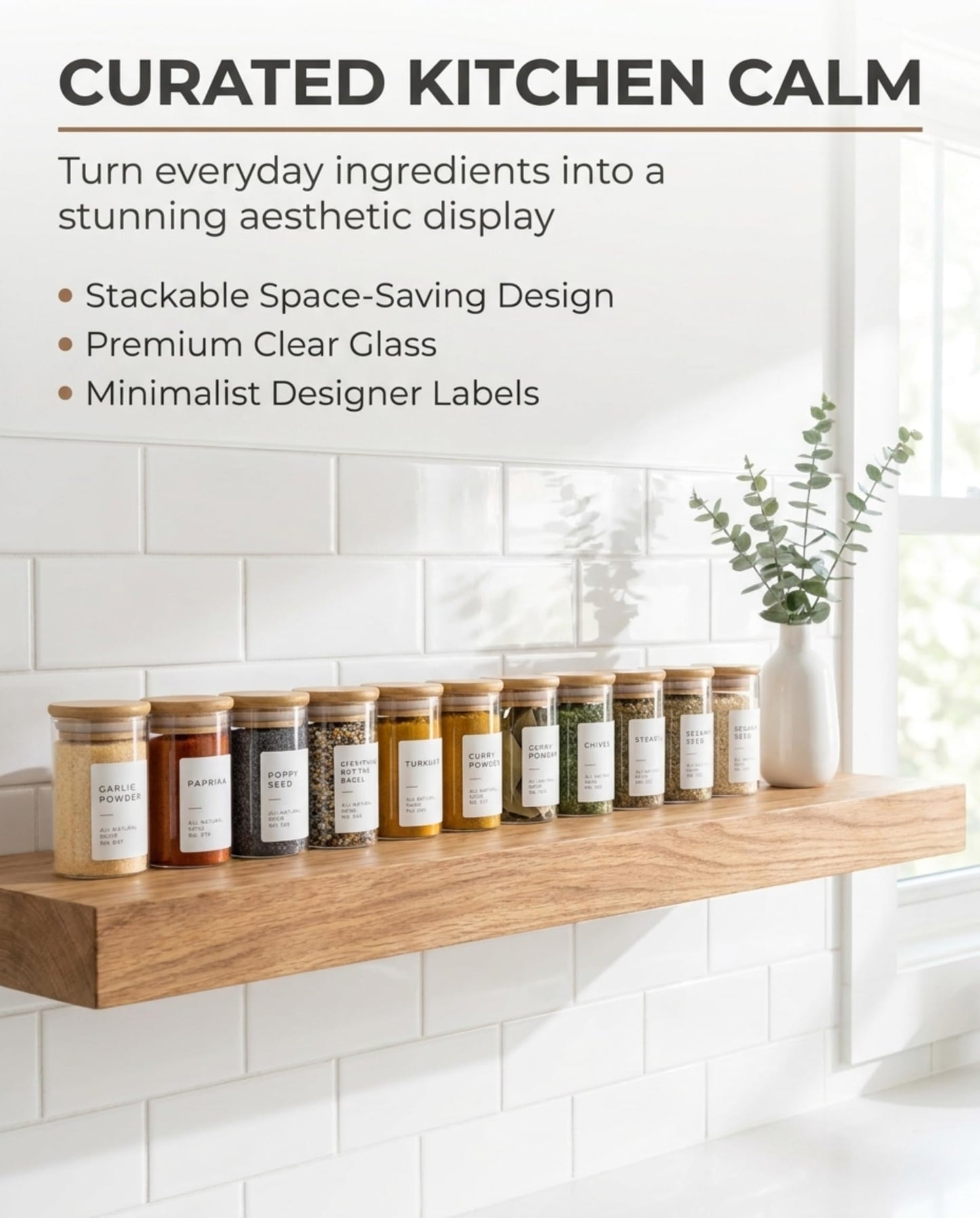 Bloomondo Glass Spice Jars with Label Pack (12x Bamboo Lid Glass Jar) Small 6oz Empty Spice Storage Bottles with 112 Printed Stickers and 48 Writable Pantry Labels for Seasoning Containers