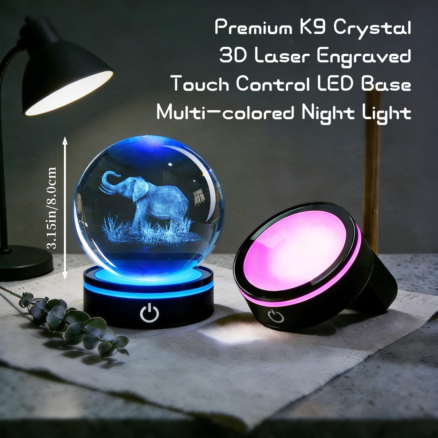 QIANCHANG 3D Elephant Crystal Ball with LED Stand, 80mm Glass Sphere Night Light Lamp, Crystal Animal Figurines Collectibles, Elephant Lover Gifts for Men & Women