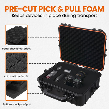 Tactix Hard Case XL Plastic Waterproof Camera Protective Case IP65 Heavy-Duty, Custom Foam Insert, Fit Use of Drones, Camera, Equipments, Tools, 21.41"x17.16"x8.50" Black
