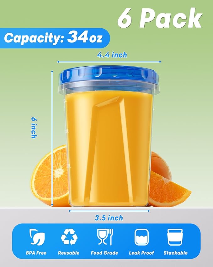 6 Pack-34oz Freezer Storage Containers, Plastic Food Storage Containers