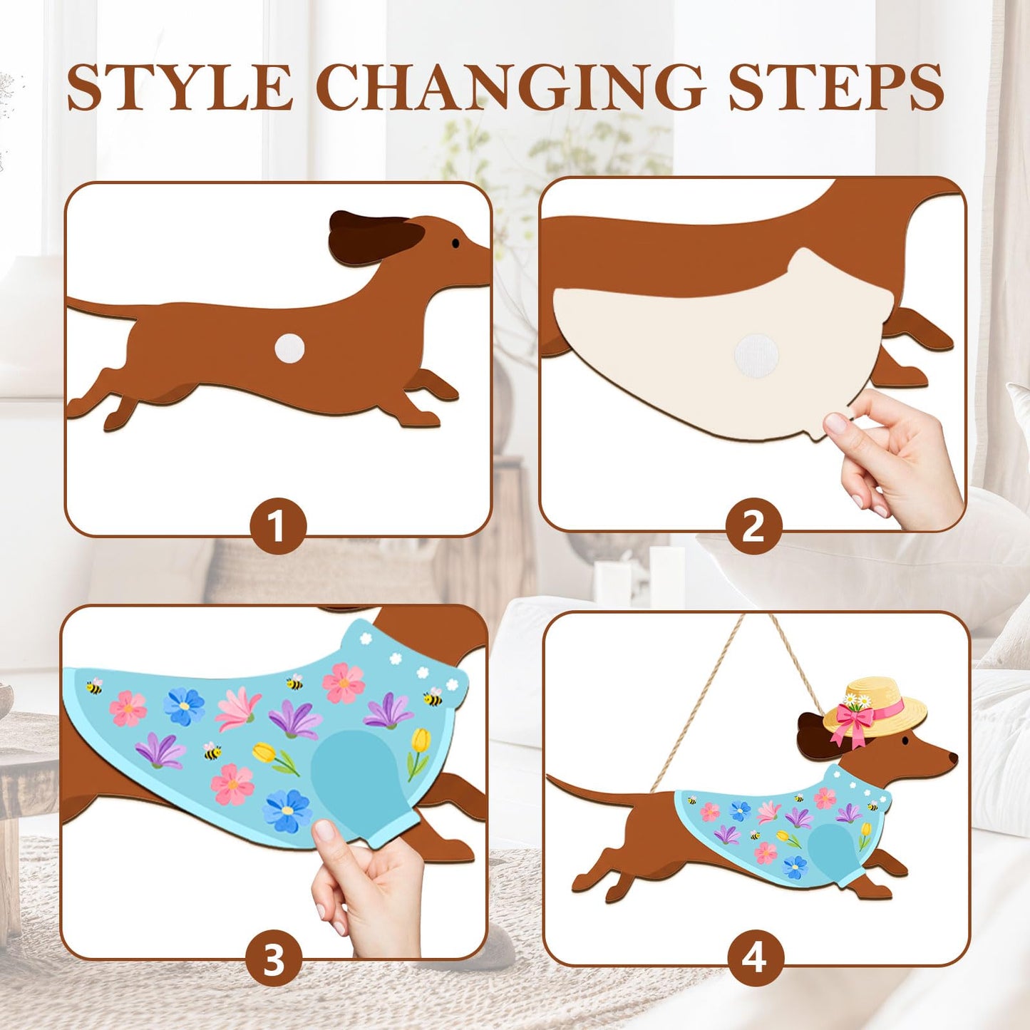Interchangeable Wooden Dachshund Decoration, Xmas Hanging Wall Door Decor, Changeable Holiday Seasonal Decor and Detachable Hats Welcome Sign, Farmhouse Hanging Sign for Front Door, 16 PCS