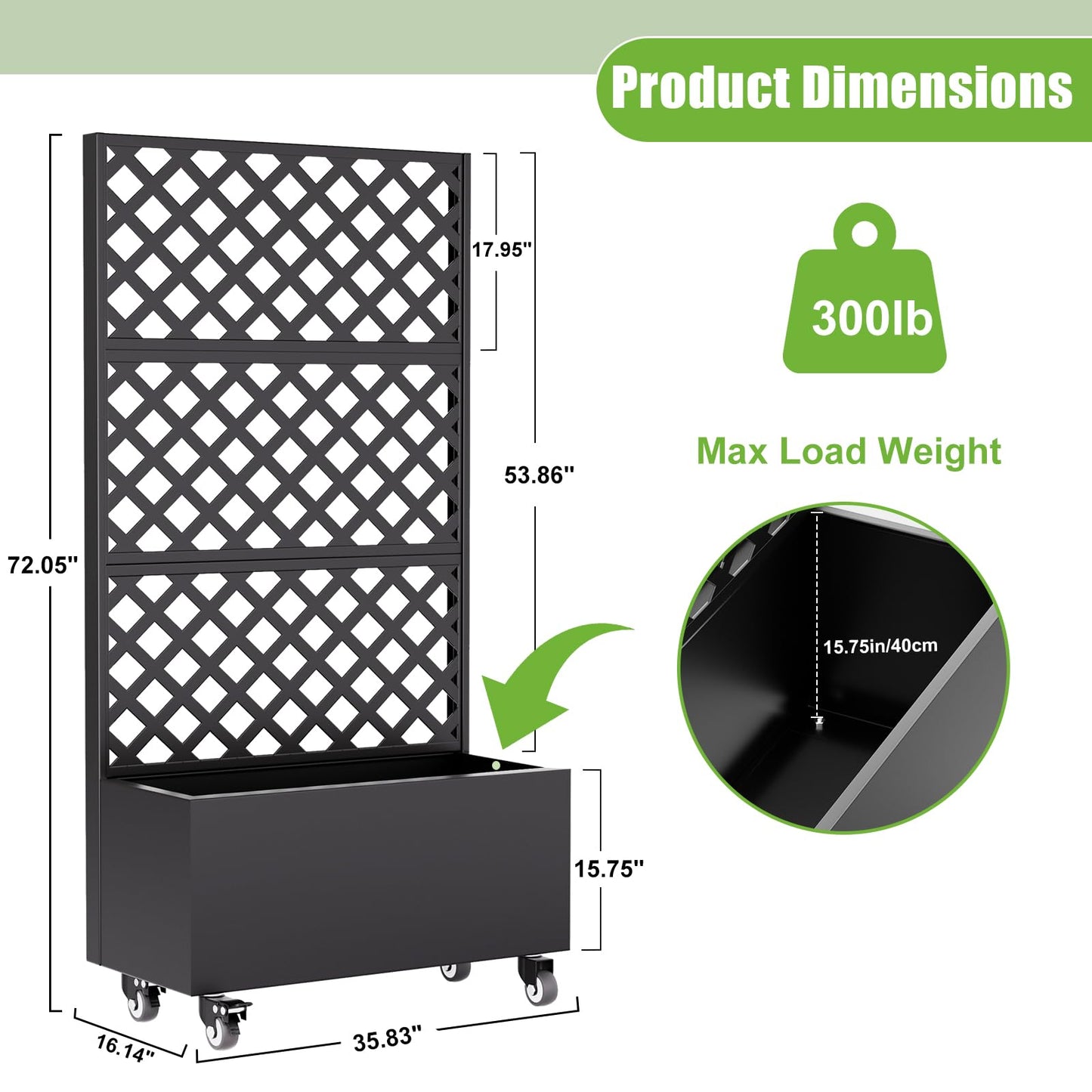 Riflevault 72" Planter Box with Trellis & Wheels, Planter Boxes Outdoor with Drainage Hole for Climbing Plants, Raised Planter with Privacy Screen, Black