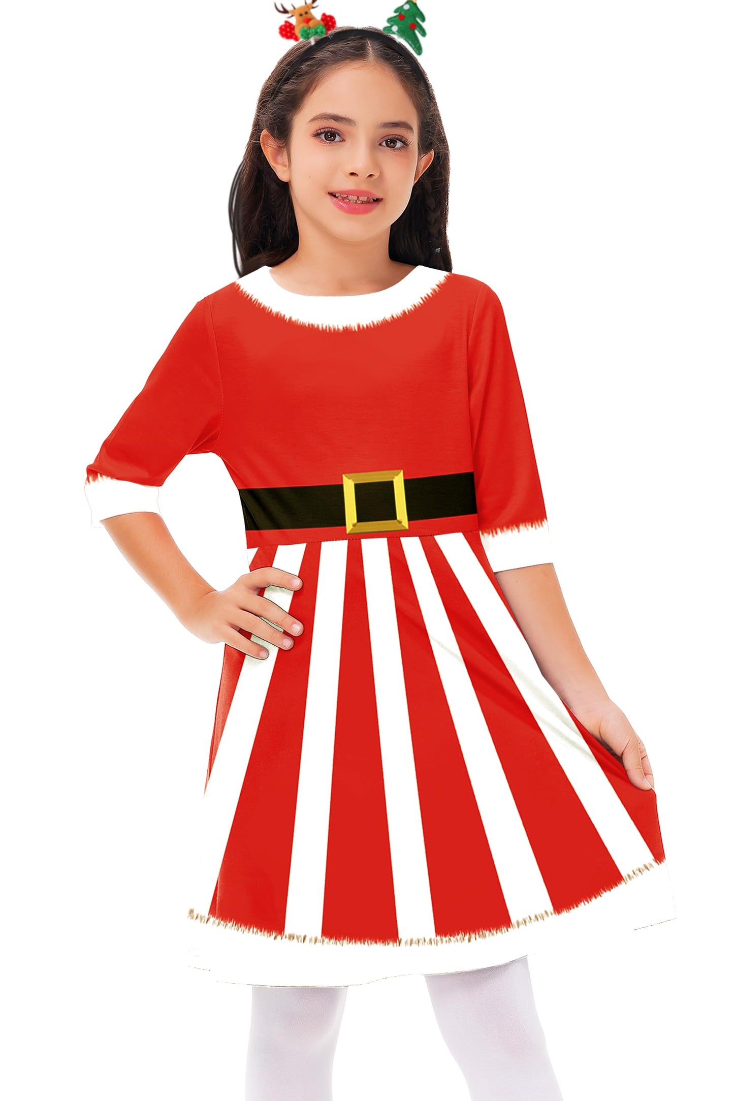 Remimi Santa Dress for Girls Christmas 3/4 Sleeve Twirly Gift Holiday Skater Dress 9-10 Years