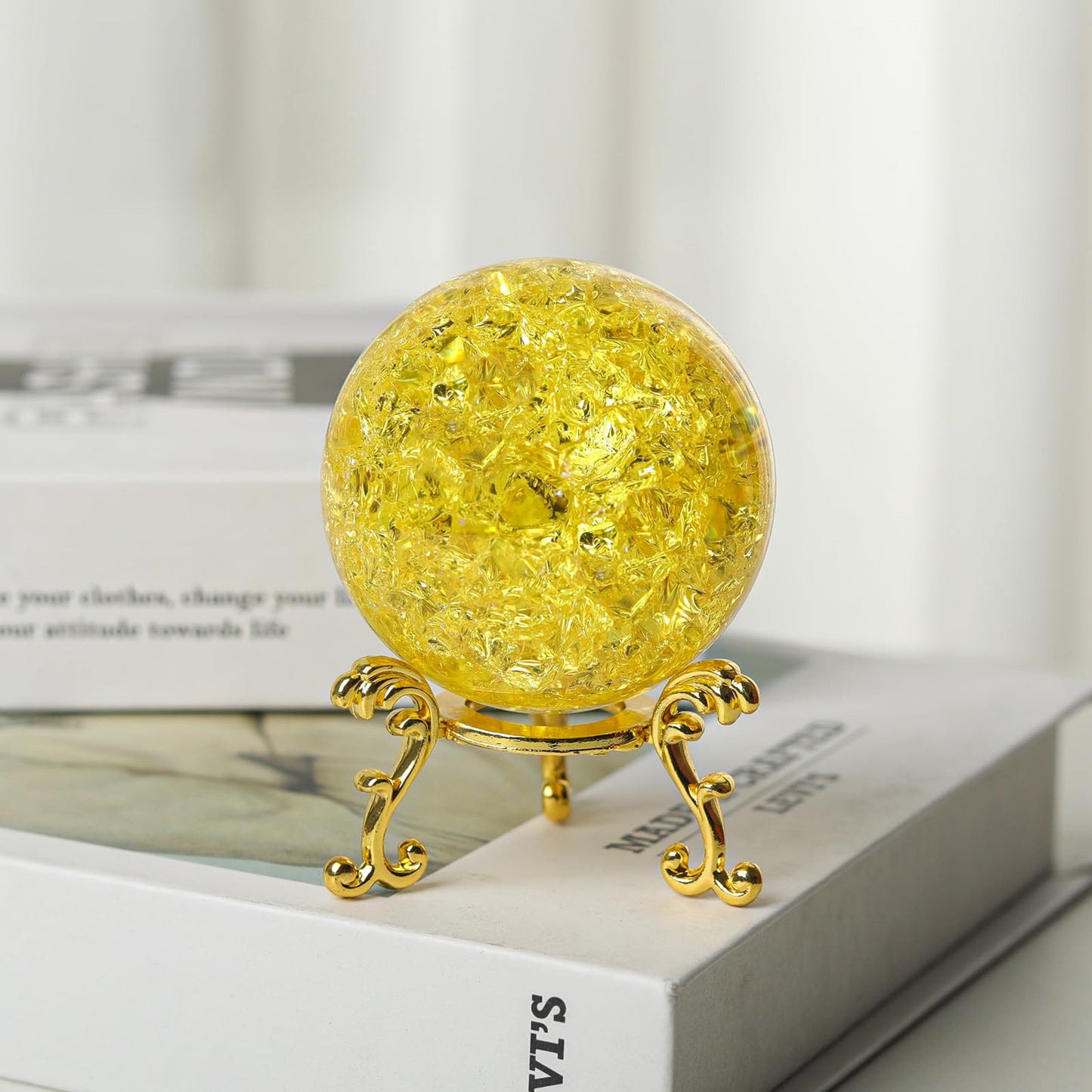 LONGWIN 50mm Ice Cracked Crystal Ball Decorative Glass Ball Home Decor Ornaments (Yellow)