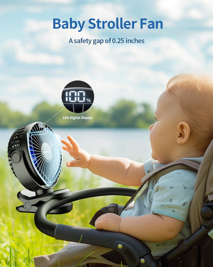 SWEETFULL Portable Clip on Fan - Battery Operated Stroller Fan, 4000mAh Small Rechargeable Fans with LED Display, 4 Speeds, Mini Personal Cooling Desk Cooler for Golf Cart Travel Camping Gym (Black)
