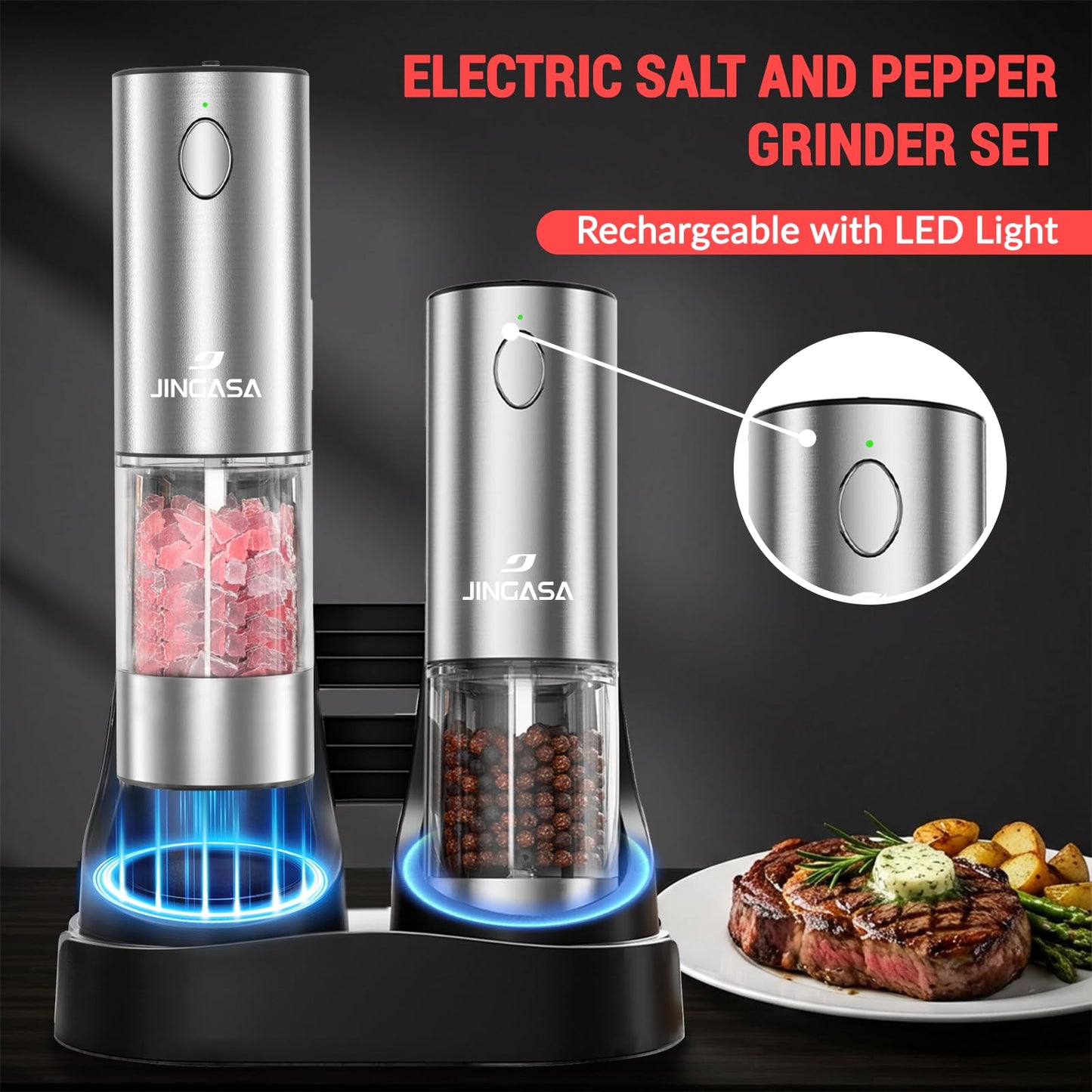 Electric Salt and Pepper Grinder Set, 95ml Large Capacity Automatic Pepper Mill with USB-C Charging Base & LED Light, Adjustable Coarseness Stainless Steel Spice Grinder 2-Piece Set