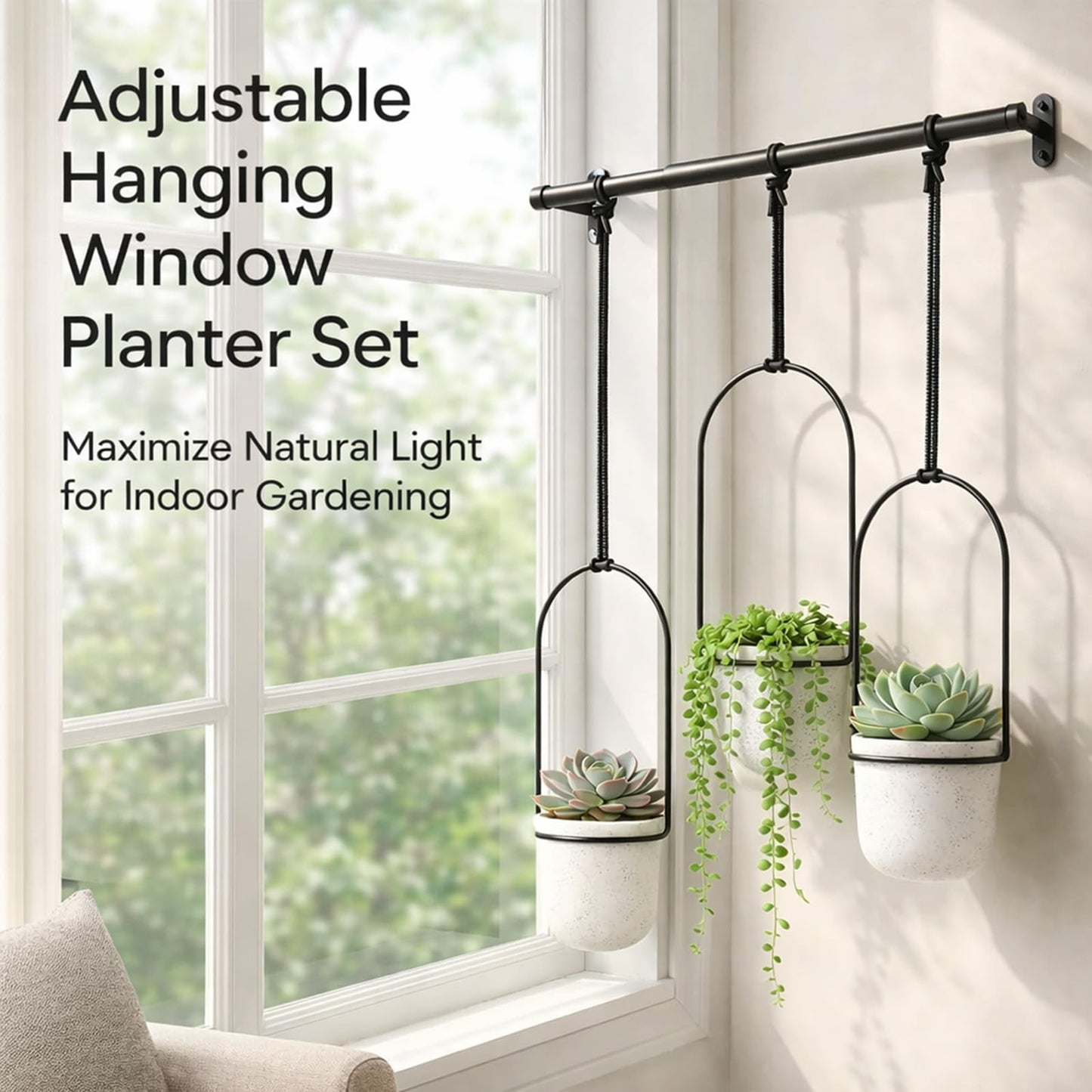 Adjustable Hanging Window Planter Set, Window Hanging Planters, Indoor and Outdoor Wall Plant Hanger, with 3 Plastic Pots, Flexible Nylon Rope, for Windows and Ceilings (Black)