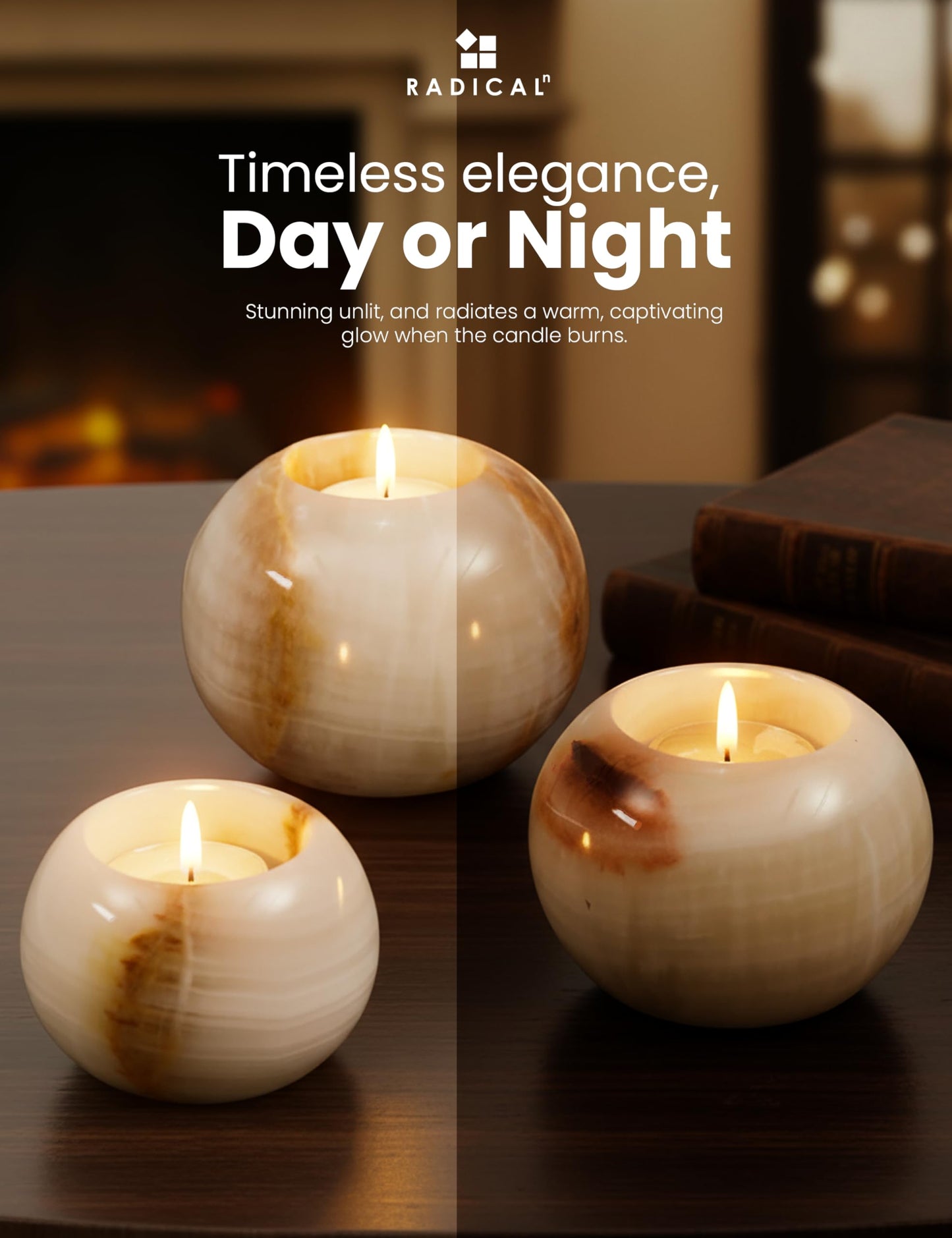 Radicaln Marble Tealight Candle Holder 4" Inch White Onyx Handmade Decorative Votive Candle Holder for Home Decor, Elegant Set of 3 Mini Candle Holders & Marble Taper Holder for Housewarming Gifts
