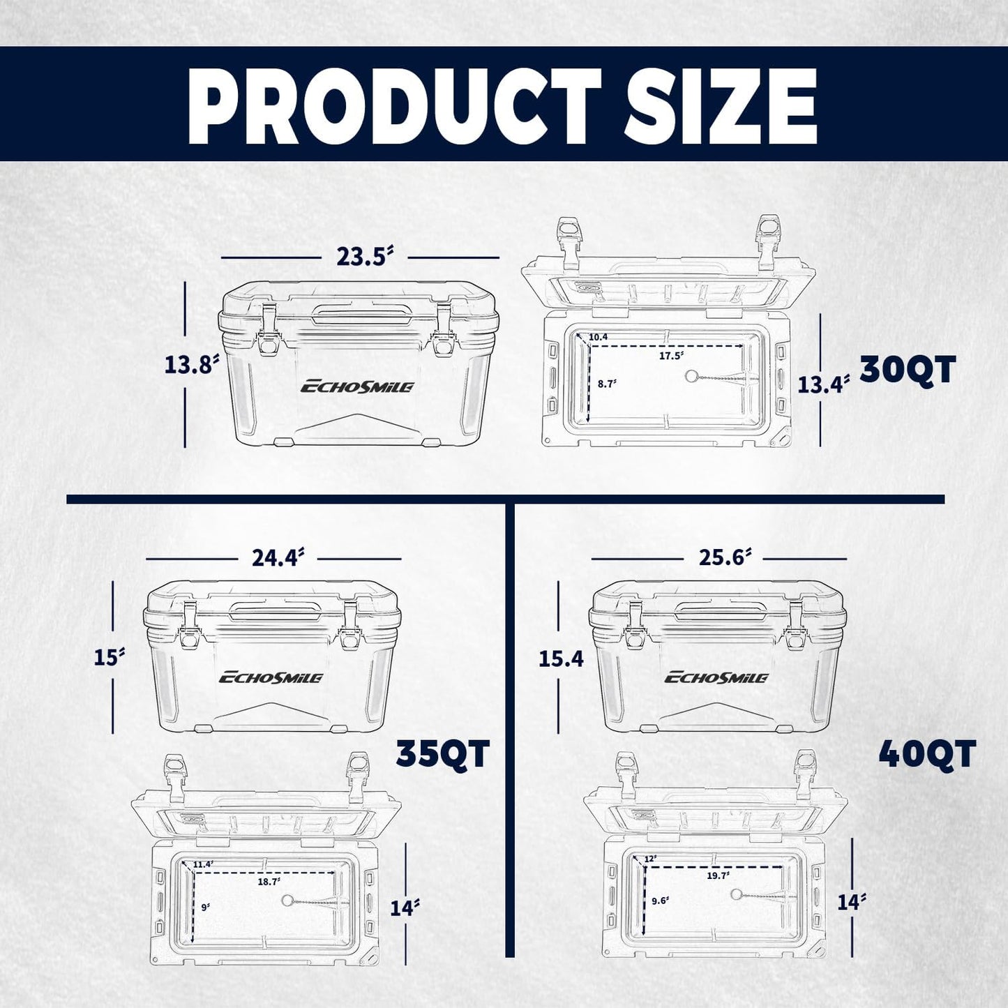 EchoSmile 25/30/35/40/60/75 Quart Rotomolded Cooler, Built to Stand up to The Rigors of The Journey