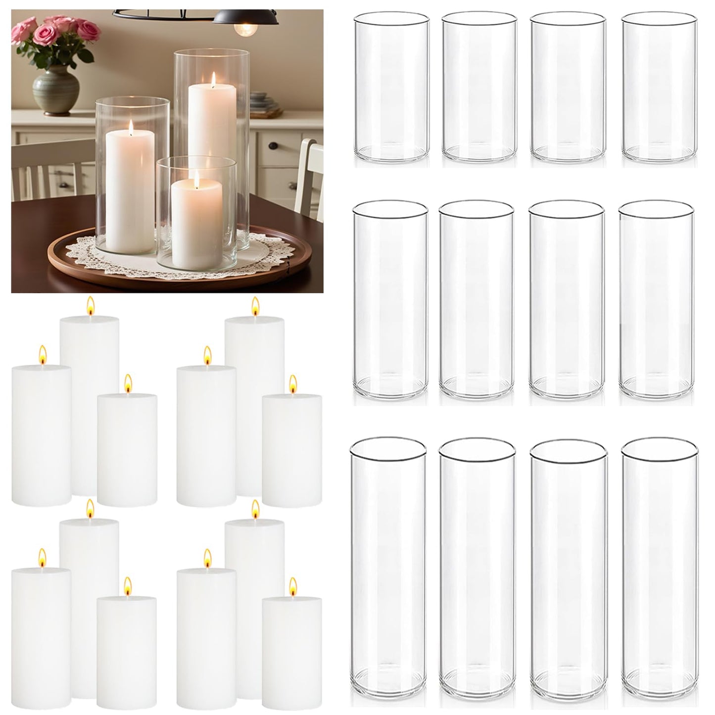 FFUW 24 Pcs White Pillar Candles with Glass Candle Holder Hurricane Glass Candle Holders Clear Cylinder Vases for Centerpieces Wedding Office Party Home Table Decor