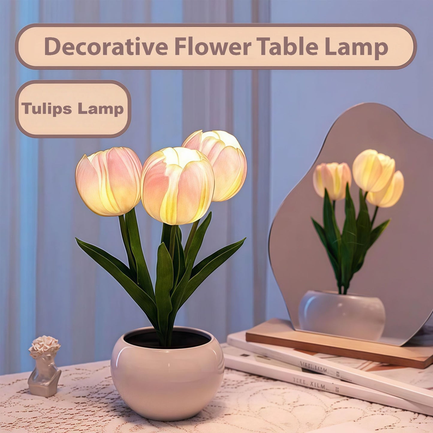 LDJDSDS Tulip Flower Table Lamp Pink LED Desk Night Light with Vase, Artificial Flower Decor for Bedroom, Living Room, Elegant Centerpiece for Wedding Birthday Party, Home Decor Gift