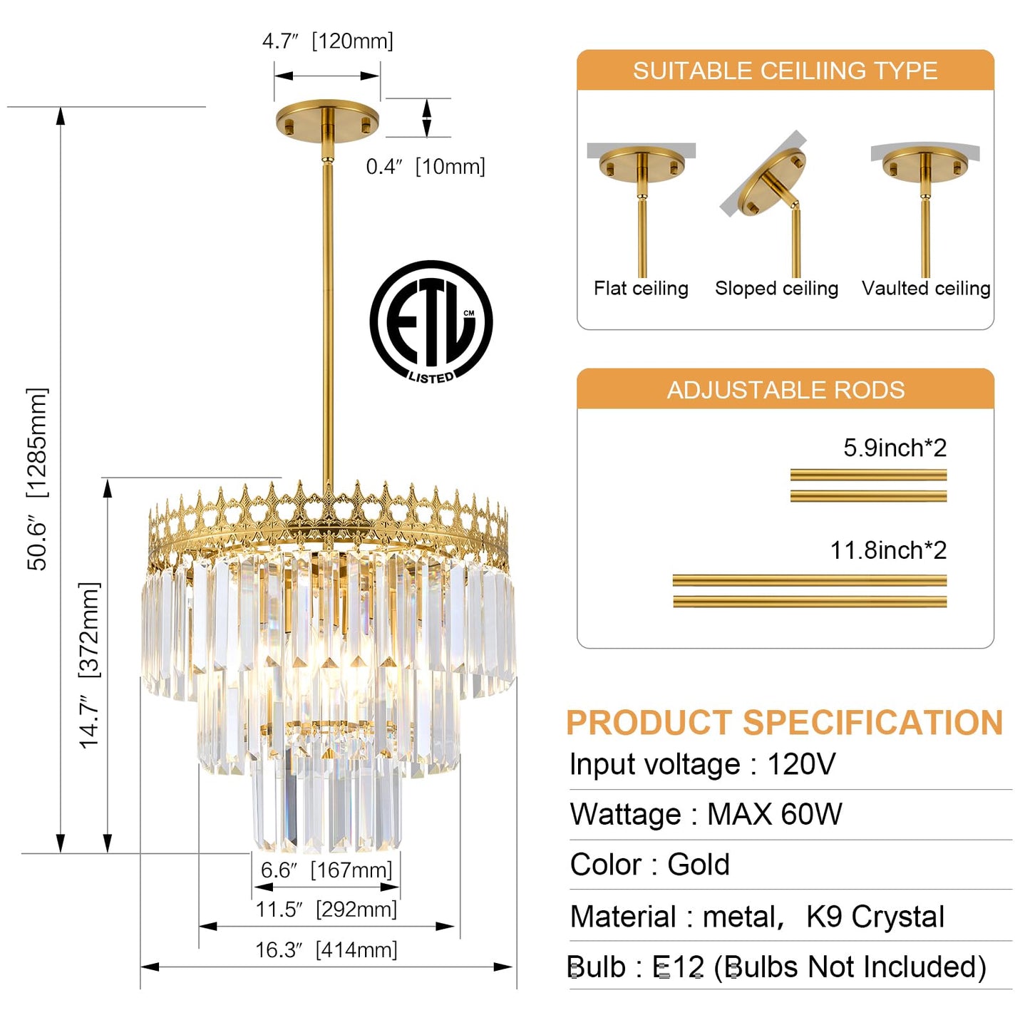 KPIOK 16'' Gold Crystal Chandelier,6-Light Modern Chandeliers for Dining Room,3-Tiers Round Metal Pendant Light Fixture for Kitchen Island Living Room Bedroom Entryway