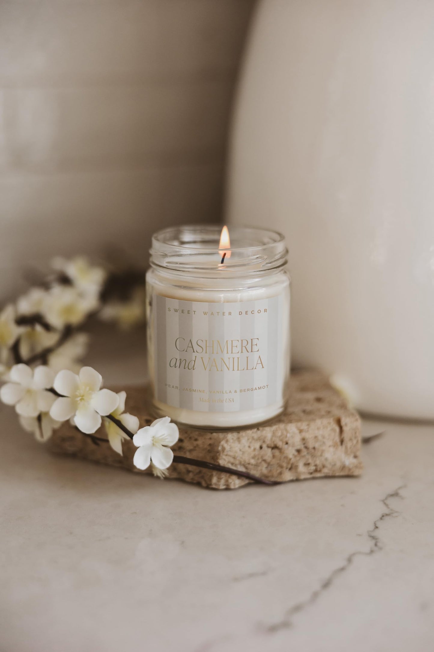 Sweet Water Decor Cashmere and Vanilla Patterned Candle – Soy Candles with Coconut, Bourbon Vanilla, Cashmere, Sandalwood, Musk – 40 Hour Burn – 9oz Clear Glass Jar – Luxury Spring Candle