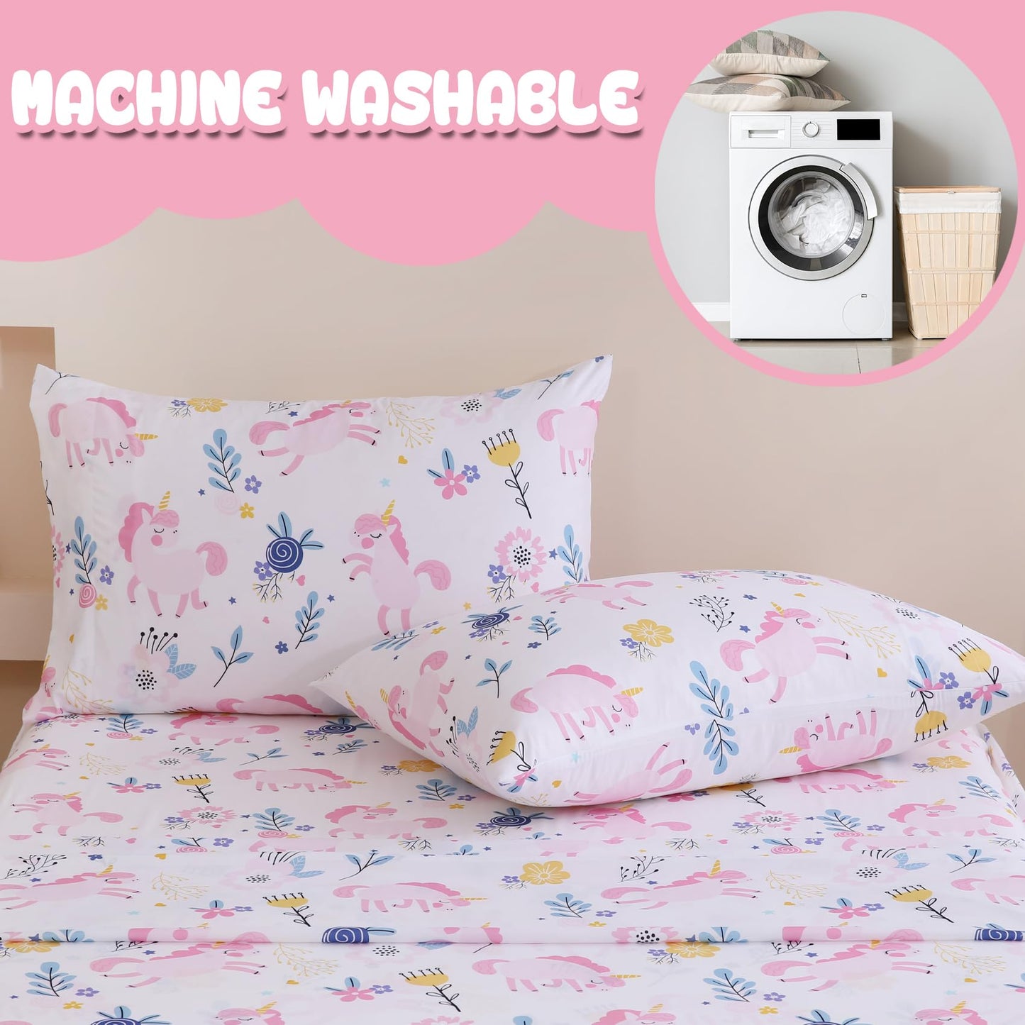 Yibeizi Unicorn Sheet Set for Girls Twin, Kids Boho Floral Print Bedsheets Microfiber Deep Pocket Cute Patterned Bed Sheet & Pillowcase Sets 3 Pieces