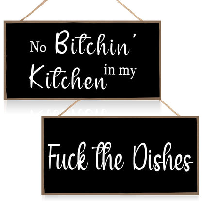 Jetec 2 Pieces Funny Kitchen Signs the Dishes Hanging Wall Art Decoration No Bitchin in My Kitchen Rustic Wooden Wall Signs Decorative Wood Home Decor, 10 x 5 Inch(Stylish)