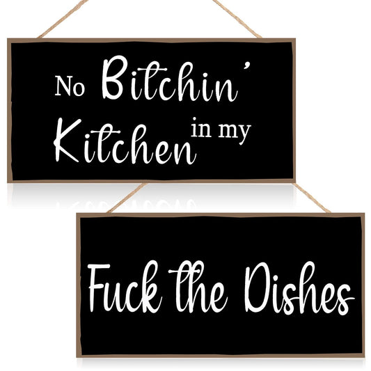 Jetec 2 Pieces Funny Kitchen Signs the Dishes Hanging Wall Art Decoration No Bitchin in My Kitchen Rustic Wooden Wall Signs Decorative Wood Home Decor, 10 x 5 Inch(Stylish)
