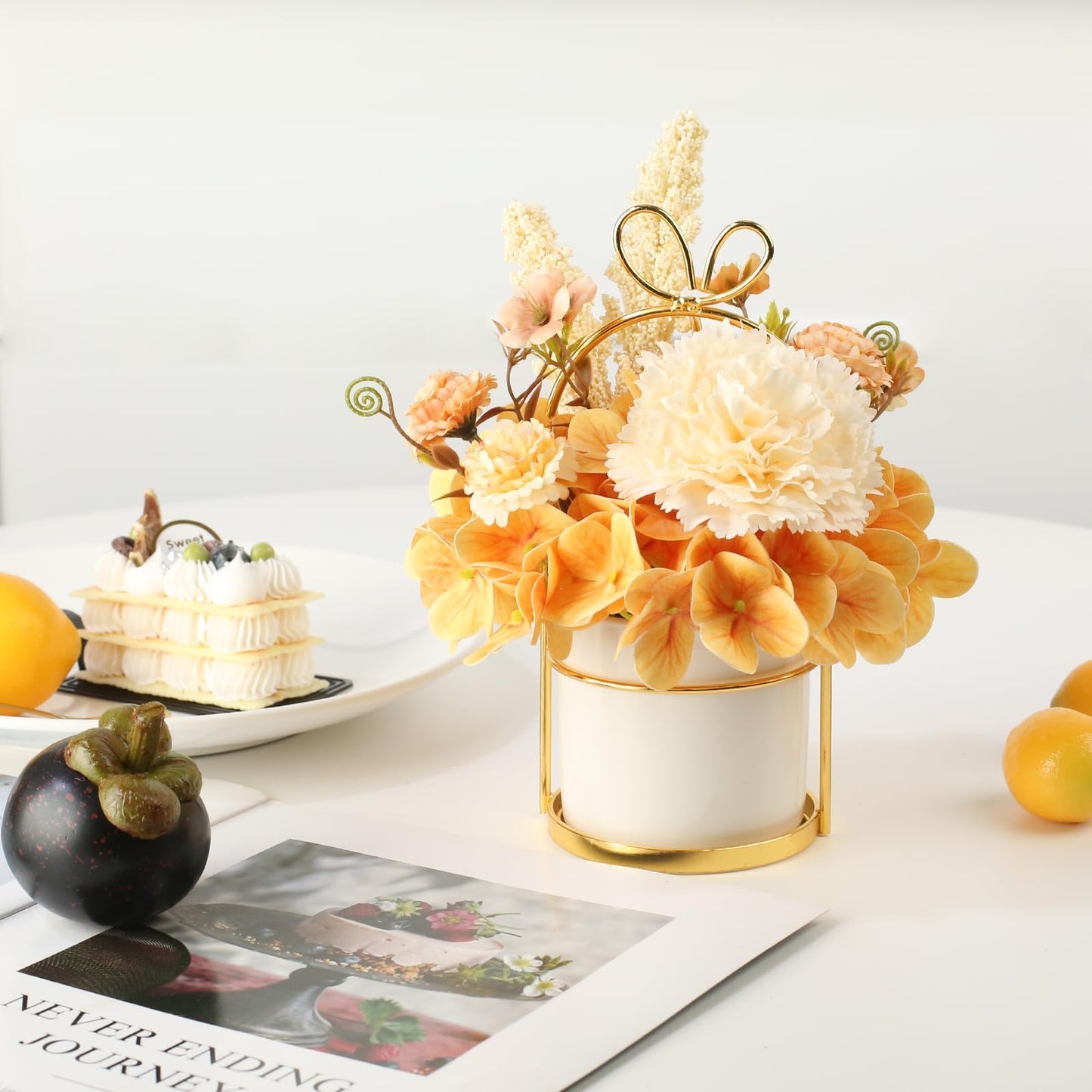 UBOSU Artificial Flower Arrangement with Vase, Champagne Hydrangea Carnation in White Ceramic Pot with Gold Stand, Small Centerpiece for Wedding Dining Room ﻿