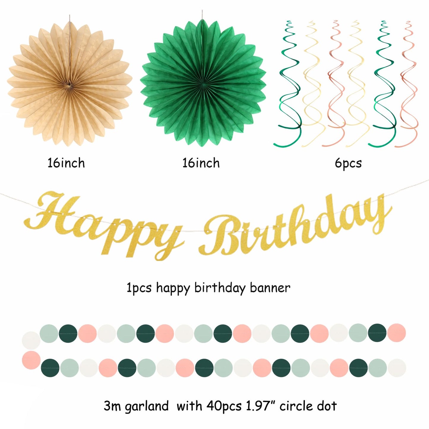 Sage-Green Pink-Gold Boho-Rustic Birthday Party-Decorations - 21pcs Happy Banner,Olive Retro Beige Paper Lanterns Pom Poms,Neutral Streamers Garland,Women Girls Decor Supplies Huglony