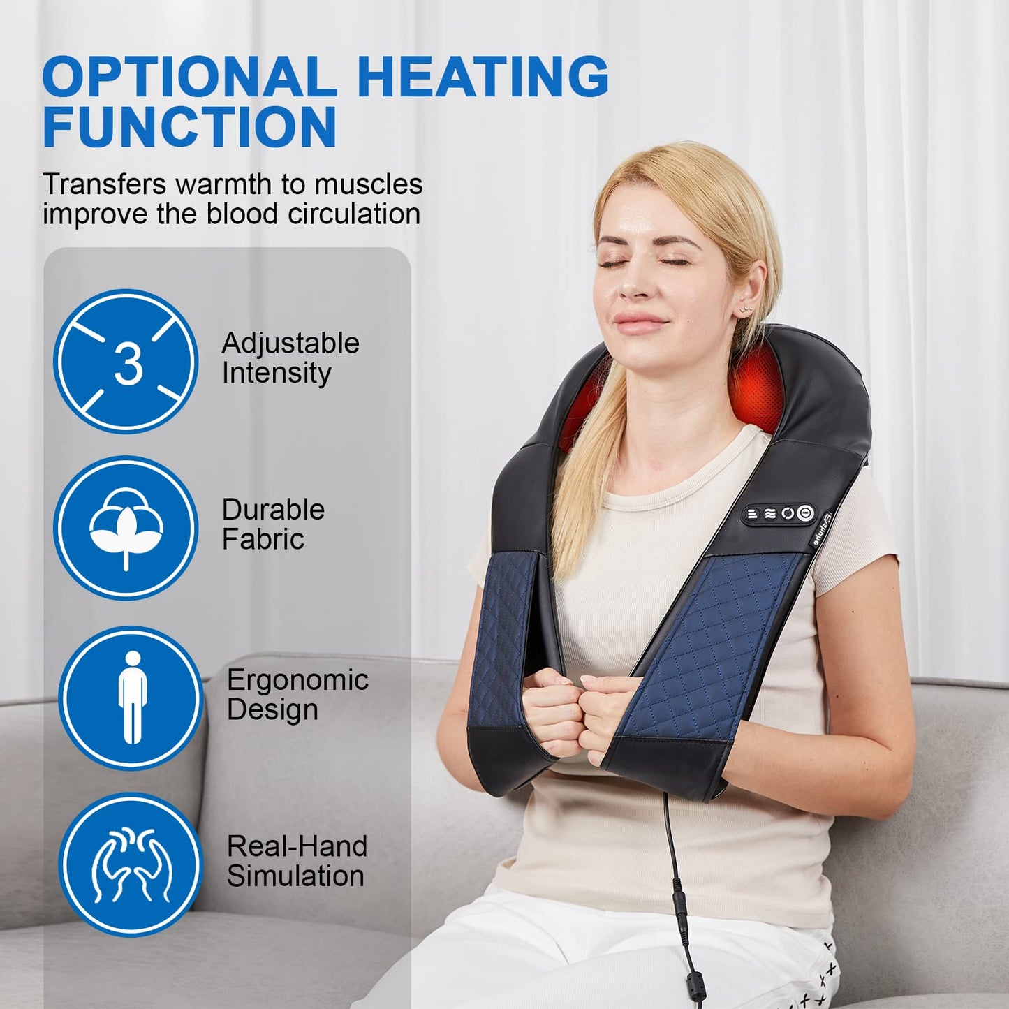 Neck and Shoulder Massager with Heat Shiatsu Back Massage Pillow with 3D Deep Tissue Kneading for Foot, Legs, Body Muscle Pain Relief, Use at Home, Office & Car