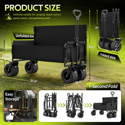 Beach Wagon with Seats, Heavy Duty Wagon Bench Seat Combo with Anti-Collapse Backbar, 2-in-1 Collapsible Lounge Cart for Sand Outdoor Camping, Carbon Steel 500lbs, Black