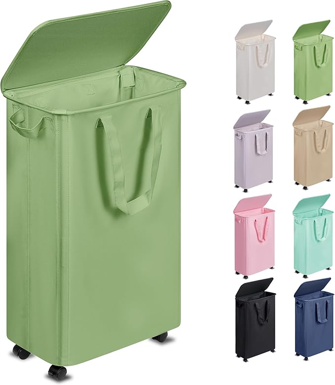 Slim Laundry Hamper with Lid and Wheels, Small Rolling Laundry Basket with