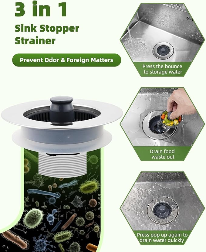 Universal Kitchen Sink Strainer Stopper Combo, 3 in 1 Pop Up Kitchen Sink