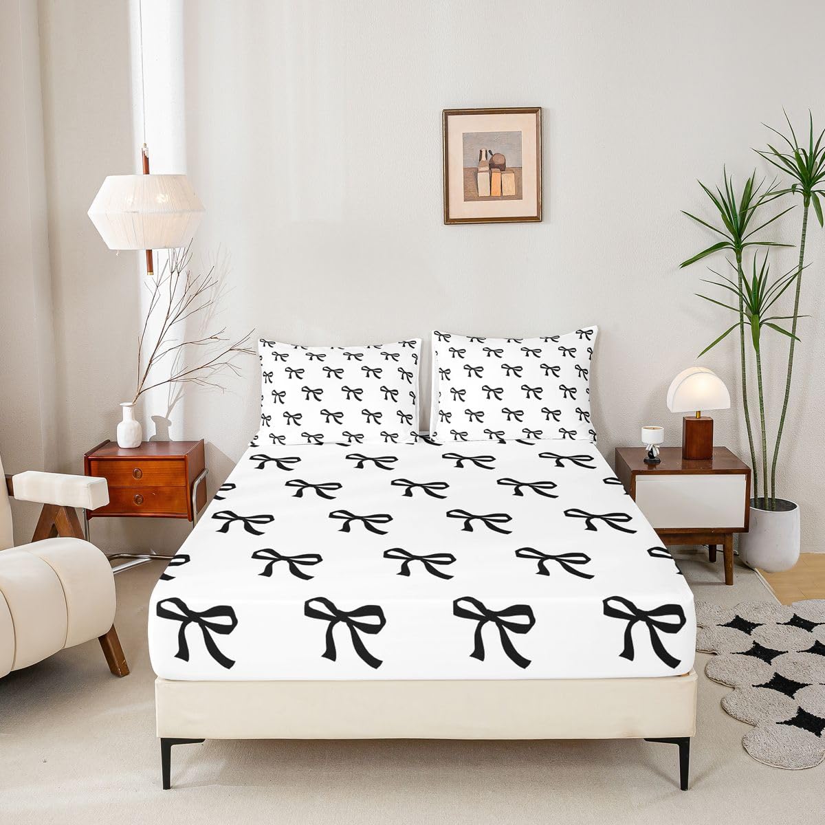 Castle Fairy Black Bow Sheet Set Cartoon Bowknot Modern Romantic Bedding Set Girlish Cute Bed Sheets Teens Room Decor Black White 1 Soft Polyester (Twin Flat & Fitted Sheet with 1 Pillow Case)