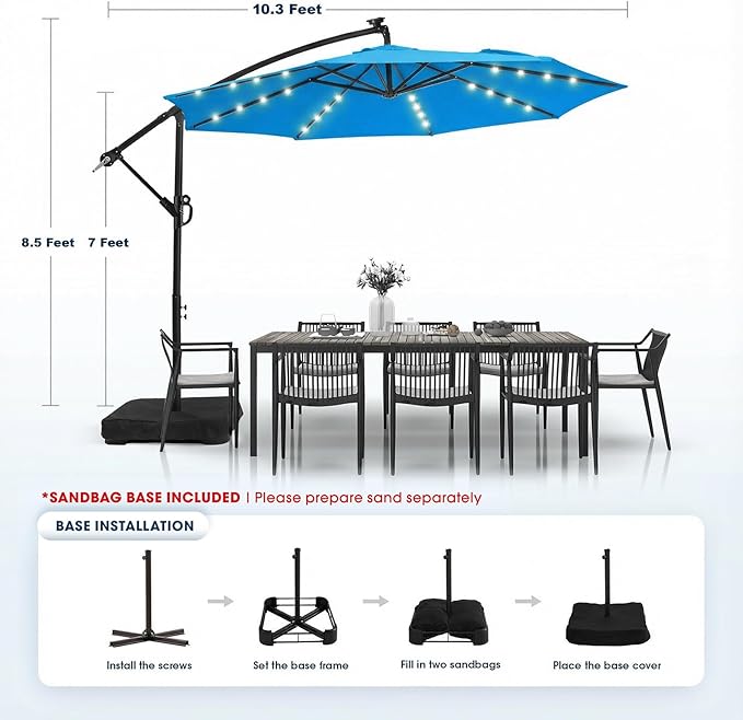 wikiwiki 10ft Solar LED Patio Umbrella with Base Included, Offset Umbrella with Sandbag Base, Cantilever Patio Umbrellas for Backyard, Garden & Deck, 32 LED Lights & Polyester Shade, Royal Blue