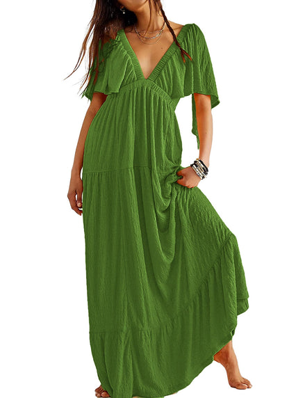 Kikibell Women Summer Dresses Sexy V-Neck Maxi Dress Tiered Silhouette with Flutter Sleeve Backless Elastic Waist Flowy Dress