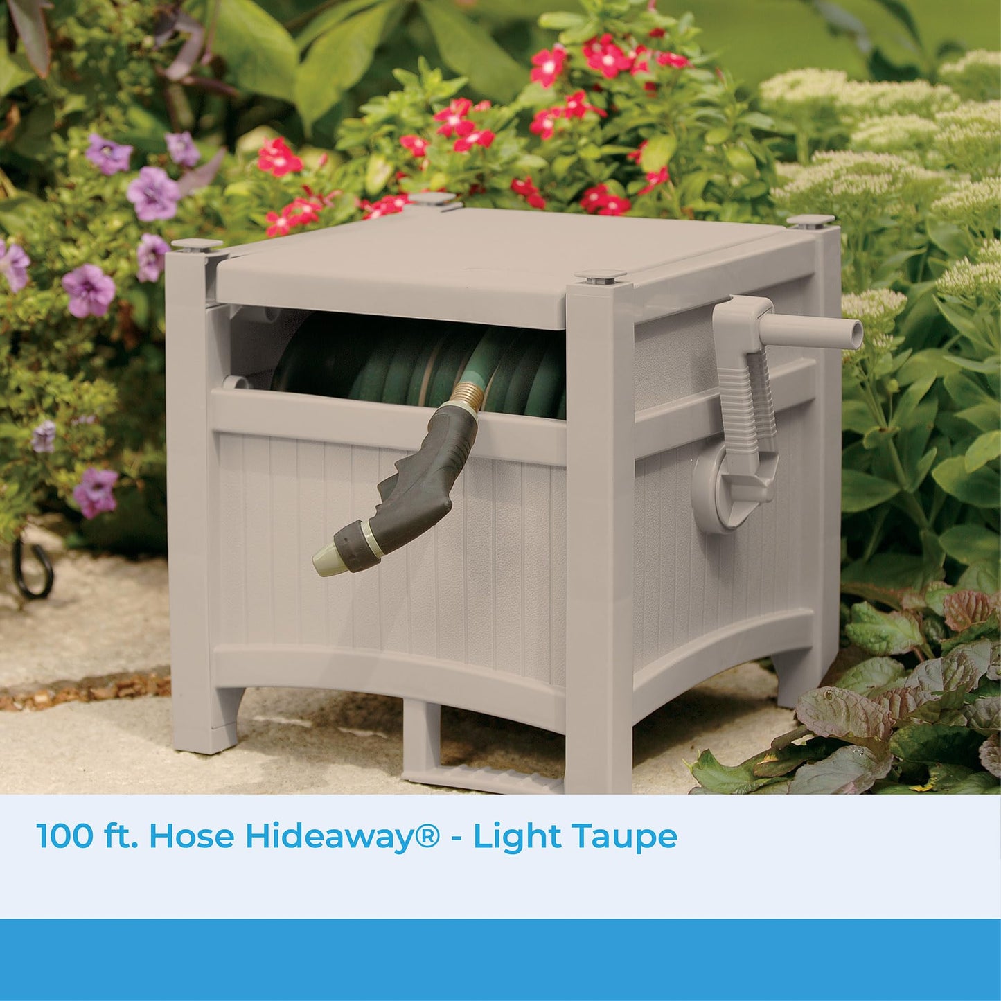 Suncast Garden Hose Reel Hideaway for 5/8" Hoses, Retracting Storage of 100ft, Light Taupe