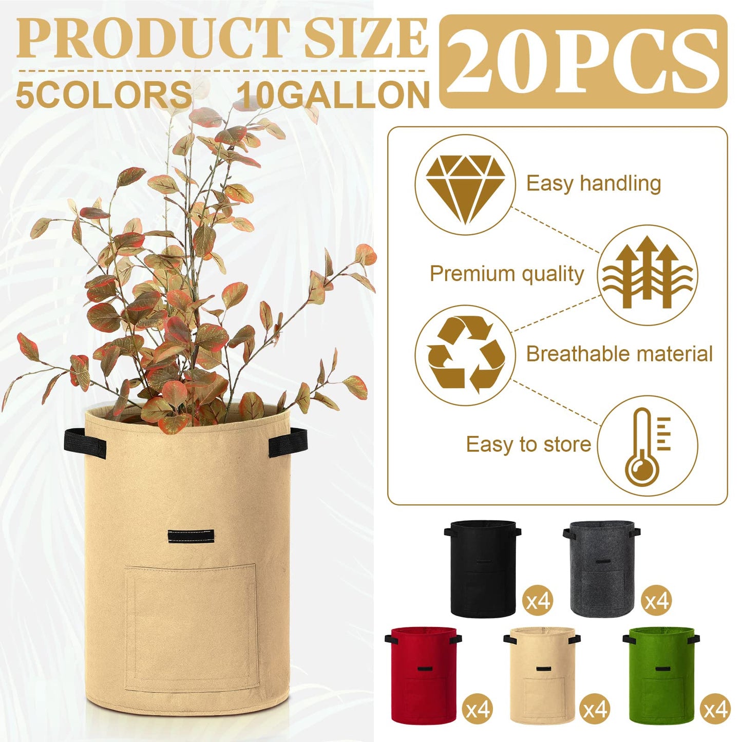 Yinder 20 Pcs 10 Gallon Potato Grow Bags with Flap and Handles Thickened Aeration Fabric Pots Garden Bags Potato Growing Containers Vegetable Garden Planter Bag for Plant Fruit(Classic Color)