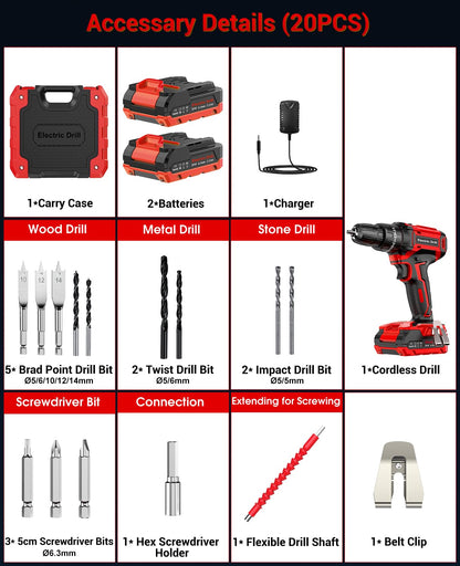 Power Drill Set 21V, Cordless Hammer Drill with 2 Batteries 2.0Ah,42N.m Max, 25+3 Torque, 2 Speed, LED Light, 20pcs Bits Electric Drills for Home