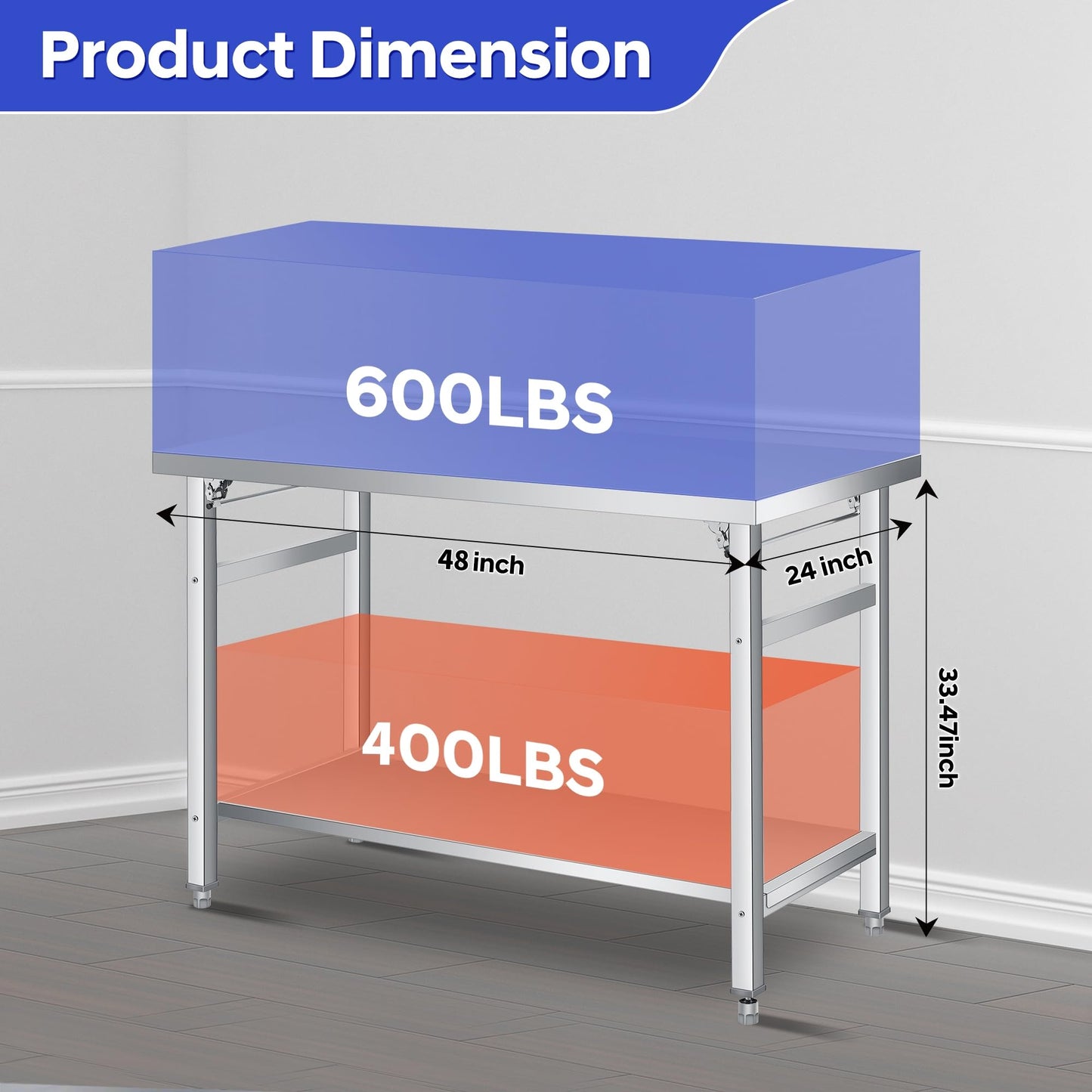 GlowSol Foldable Stainless Steel Table, 48 Inch Folding Commercial Prep Table with Undershelf, 24" Wide Double Tier Portable Workstation, 920LBS for Kitchen Workshop Restaurant Garage