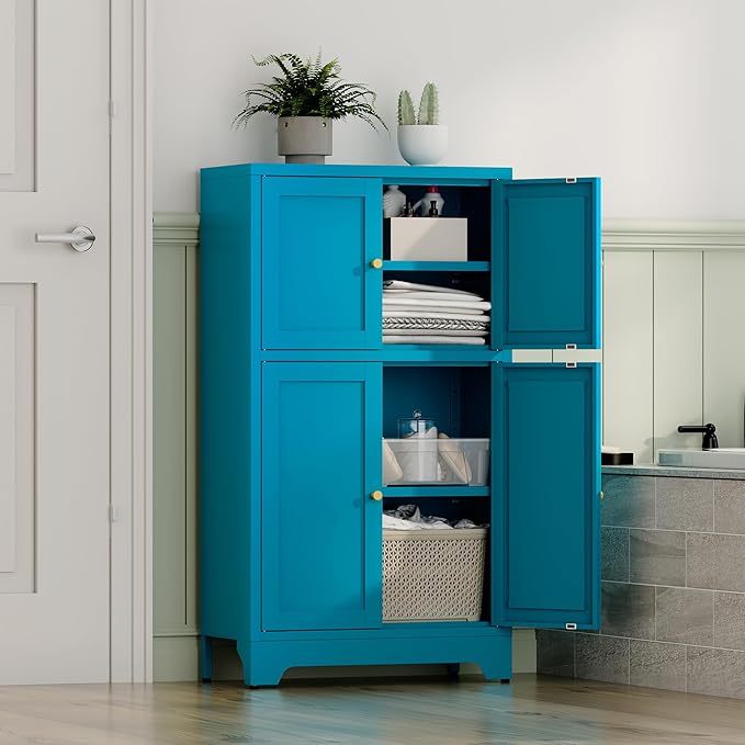 YAUWOH Blue Bathroom Floor Cabinet, Metal Storage Cabinet