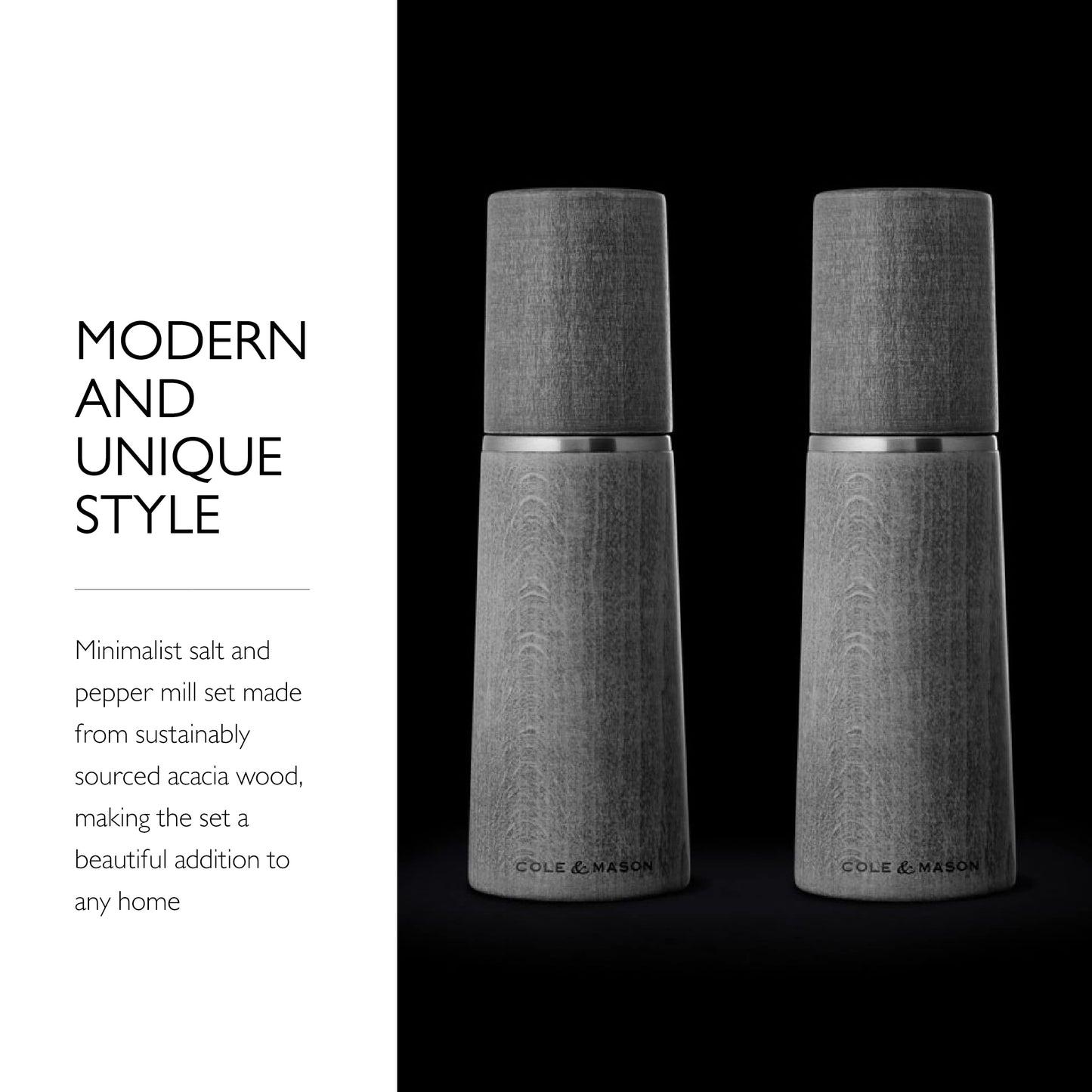 Cole & Mason Marlow Wood Mill Set - Balanced Salt and Pepper Grinders - Refillable Spice Tools - Adjustable Salt and Peppercorn Grinder Settings - Dark Grey