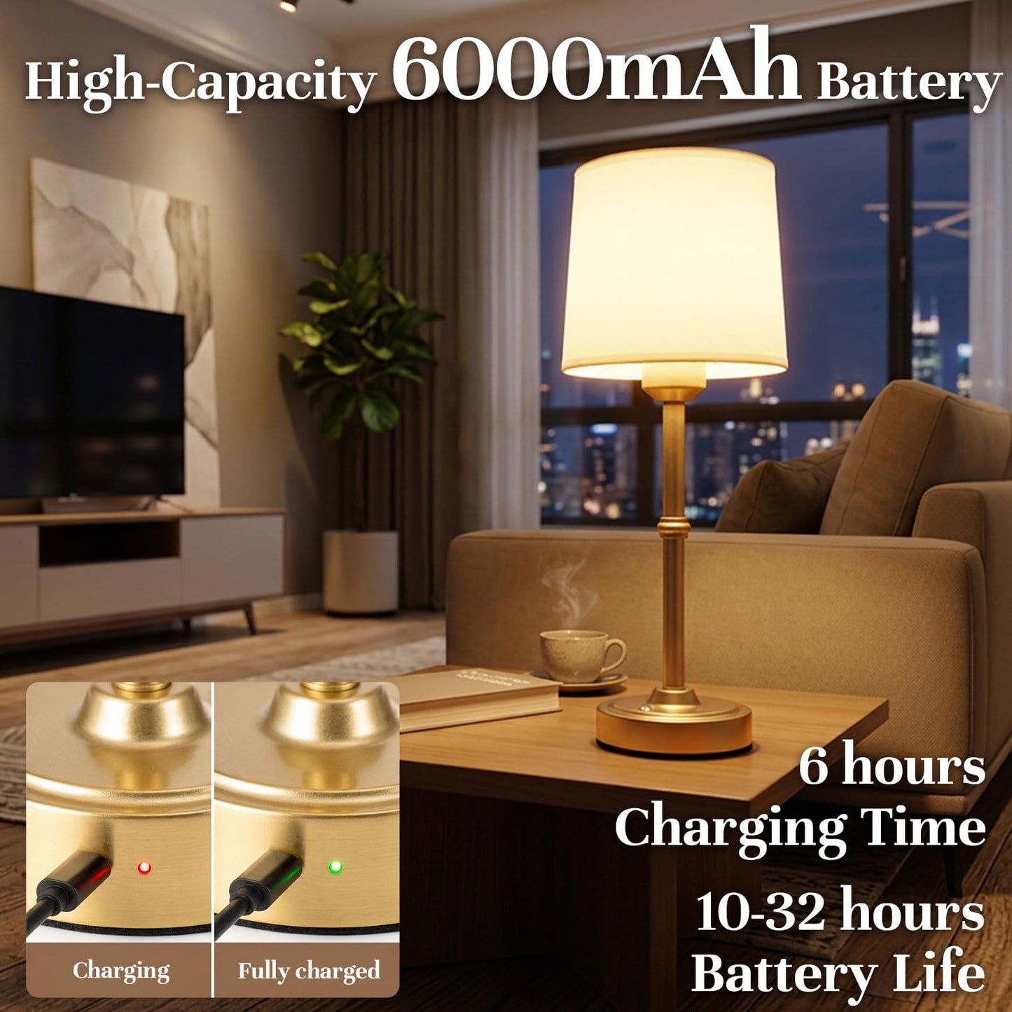 Rechargeable Cordless Table Lamp Gold: 6000mAh Battery Operated Light for Living Room, 3000K Warm Light Stepless Dimming Touch Control, Small Wireless Portable Lamp Decor for Bedside Dining Counter