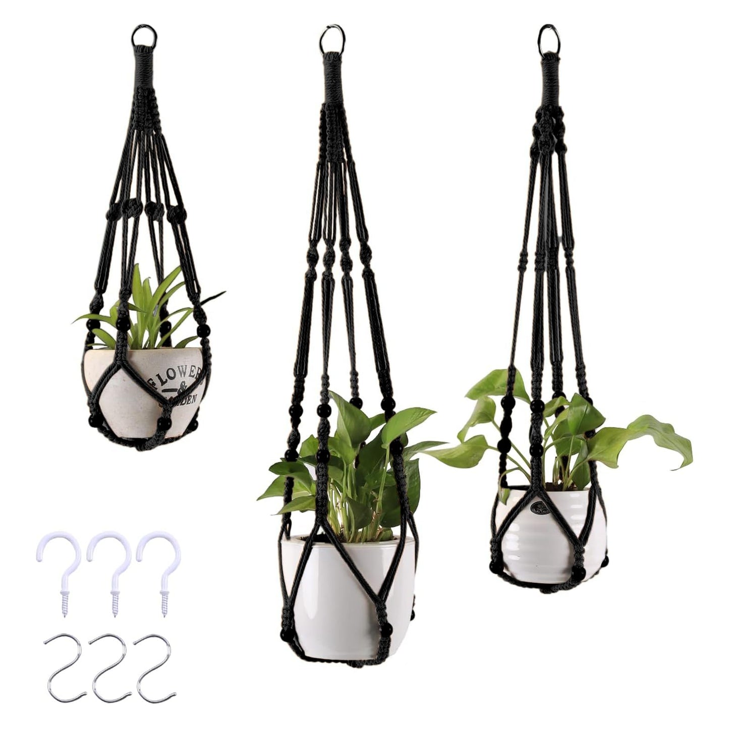 MKO SHUN 3-Pack Macrame Plant Hanger Indoor - Hanging Planter Basket for Indoor Outdoor - Decorative Boho Plant Holders Set with Beads - Ceiling Flower Pot Holder with 6 Hooks - 35"/30"/24" Black