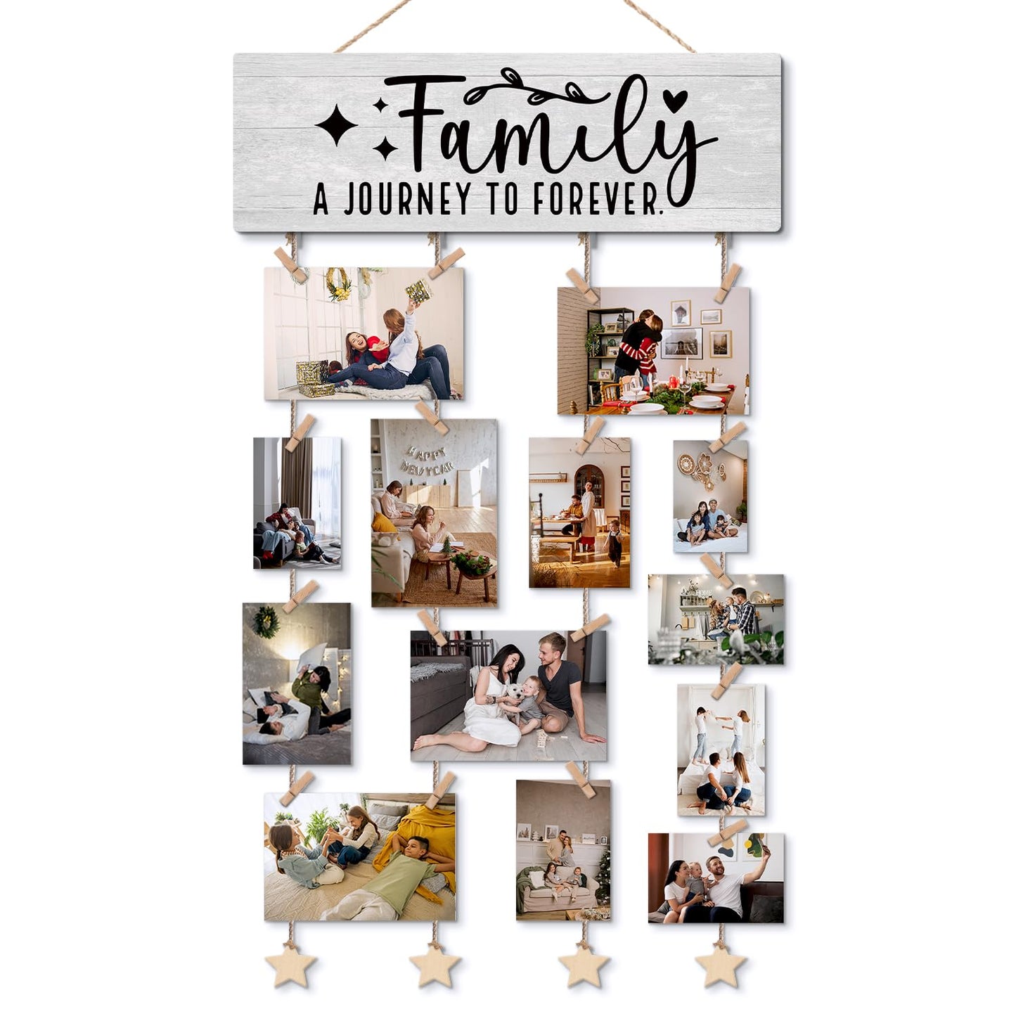 ELMCH Family Picture Frame Photo Hanging Display with Clips, Family Reunion Gifts, Families a Journey to Forever Picture Board Photo Holder for Wall Decor