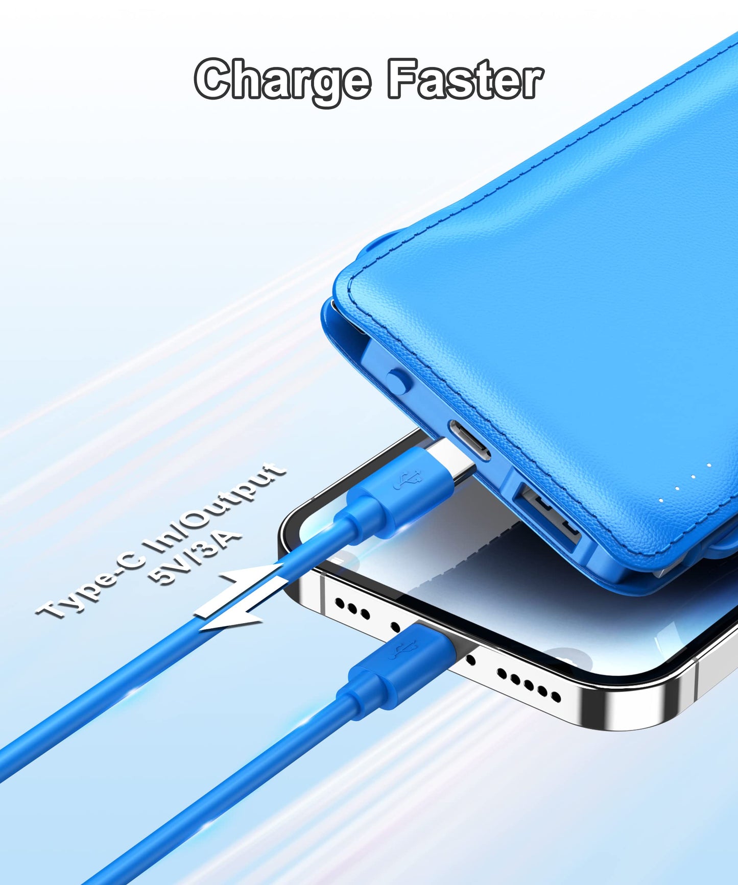 TG90° Portable Charger 10000mah Cell Phone Battery Backup, Ultra Slim Power Bank with Built in Lightning and USB-C Cable, Portable Phone Charger Battery Packs Compatible with iPhone Android Phones