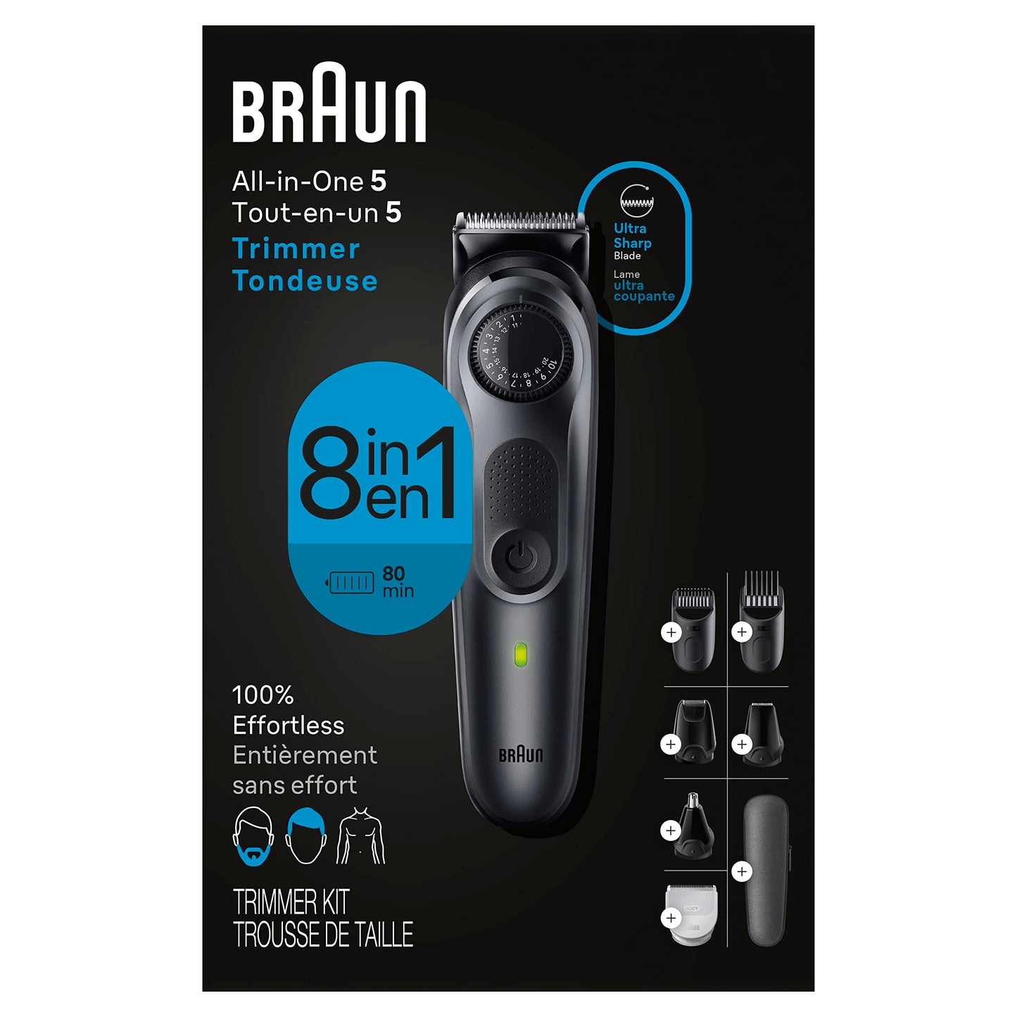 Braun All-in-One Style Kit Series 5 5470, 9-in-1 Trimmer for Men w/Beard Trimmer, Body Trimmer for Manscaping, Gillette Fusion5 ProGlide Razor, 40 Length Settings, Rechargeable Battery, Cordless