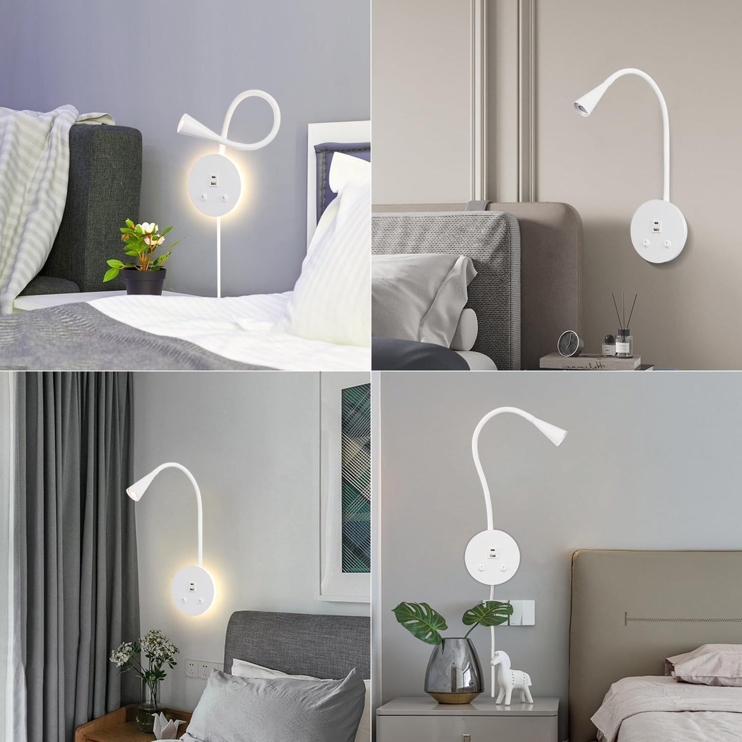 MOLUOLA LIGHTING Dimmable LED Wall Reading Lamp - Adjustable Gooseneck Book Light for Bed, USB + Type C Output, 2-in-1 Night Light & Spotlight, Compact Focused Lamp (White)