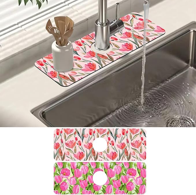 2 Pack Watercolor Tulips Sink Faucet Absorbing Mat Pink Tulips Super Absorbent