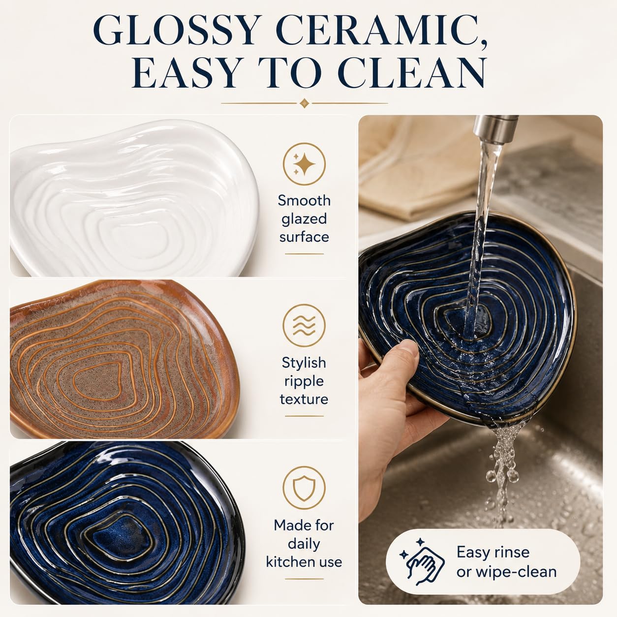 Ceramic Spoon Rests for Stove Top, 3 Pack Spoon Holder for Kitchen Counter, Utensil Rest Set for Cooking Spoons, Ladles and Spatulas, Blue White Khaki Kitchen Accessories