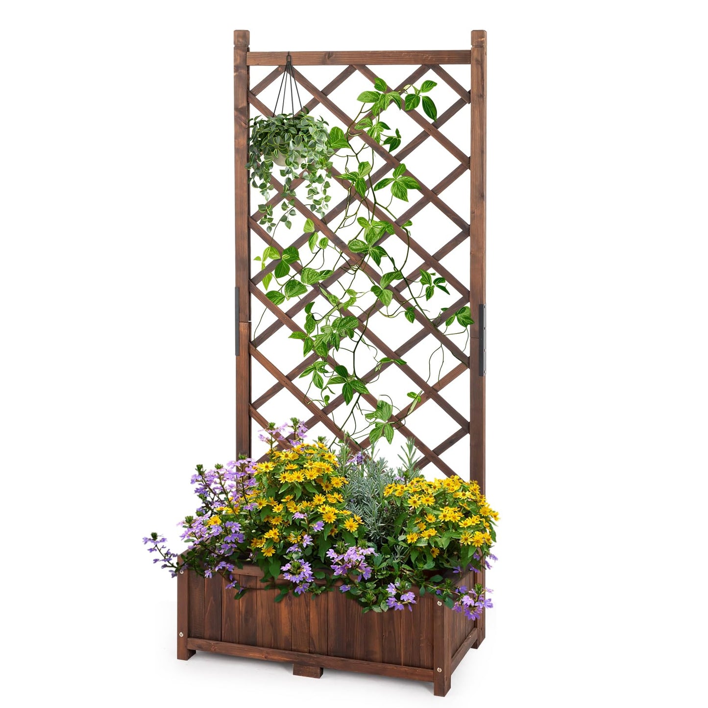 Outvita Wood Planter with Trellis, 29" x 17" x 67" Outdoor Raised Garden Bed with Drainage Holes, Vertical Standing Planter Box for Climbing Plants Vegetable in Garden, Patio, Balcony (Brown)