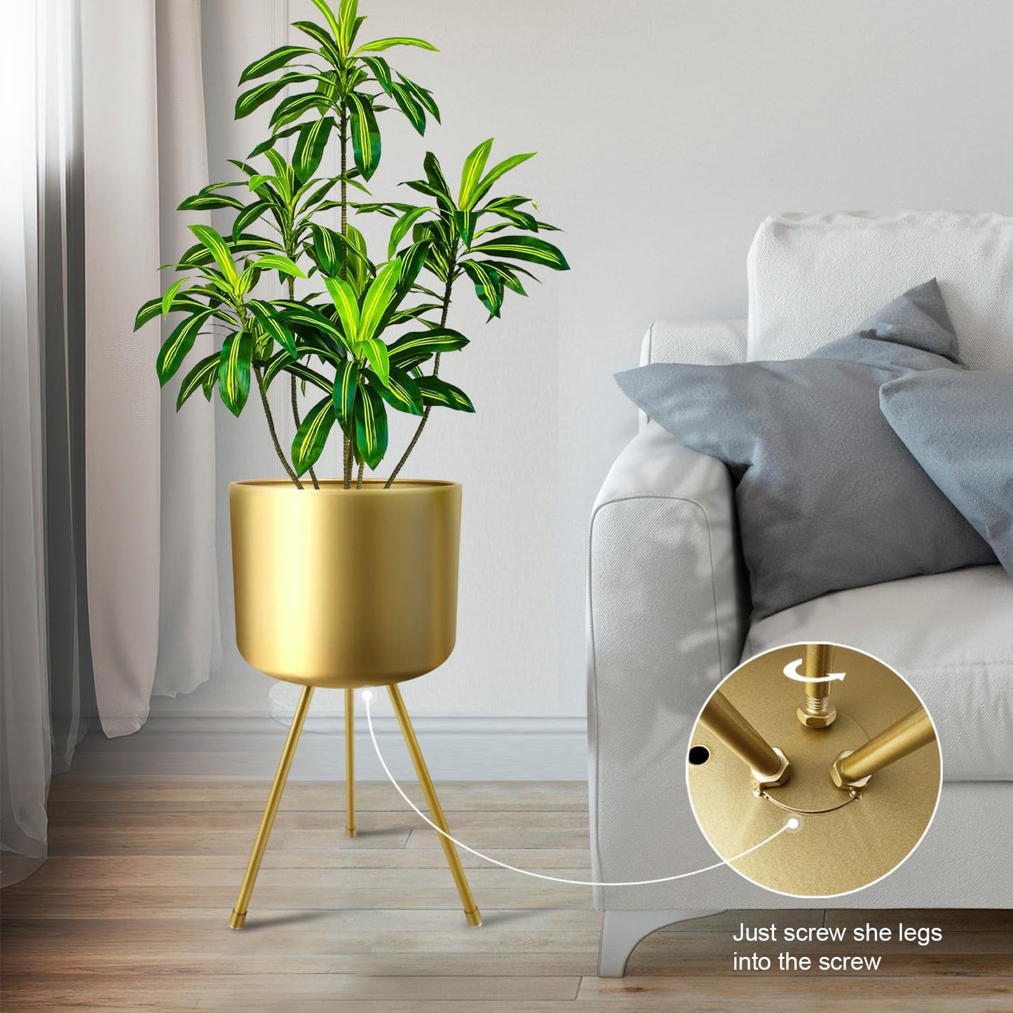 magarz Mid-Century Metal Flowerpot with Stands, Gold Stylish Modern Floor-Standing Flowerpot,Suitable for Orchid, Aloe Indoor Outdoor Decoration 8.5'' Wide 18'' high