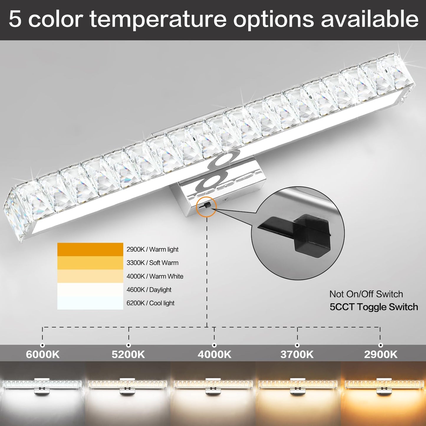 SOLFART Crystal Bathroom Lighting Fixtures Over Mirror, 24 Inch Chrome LED Vanity Light, 5 Color Adjustable 5CCT