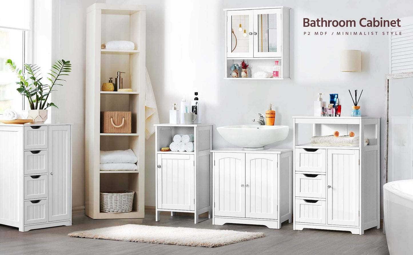 Yaheetech Bathroom Storage Units with Open Storage Shelf Free-standing Floor Cabinets Sideboard with 3 Drawers and 1 Door, Adjustable Shelf for Living Room Kitchen Entryway White