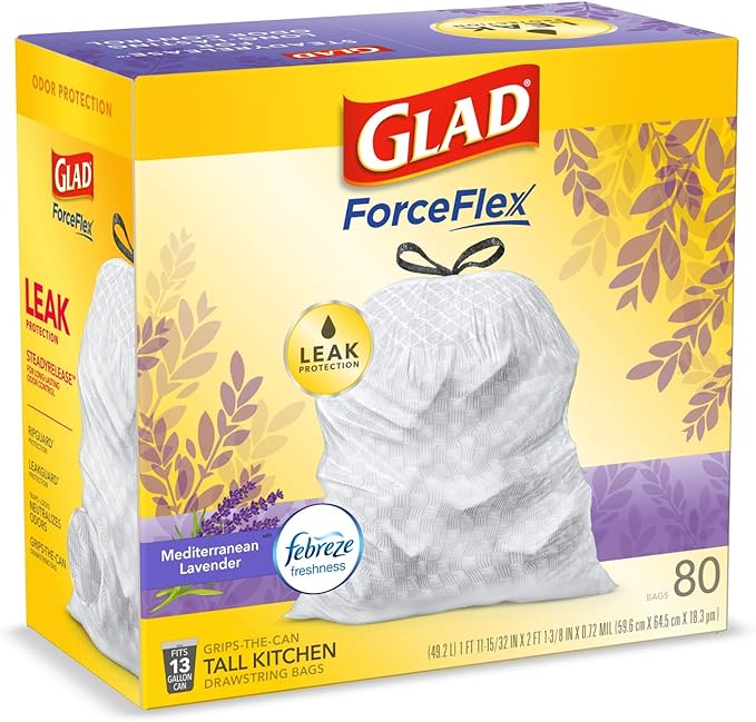 Glad ForceFlex Tall Kitchen Trash Bags, 13 Gallon, Gain Lavender